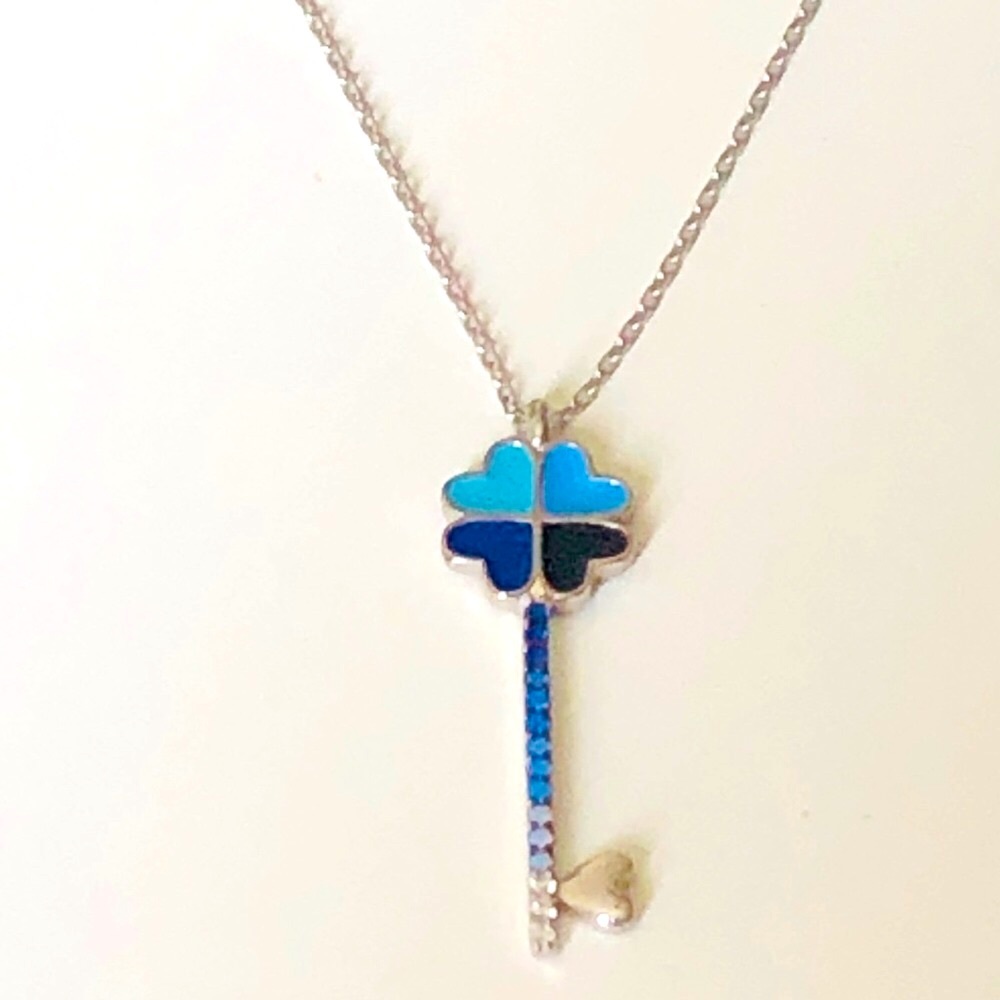 Blue heart clover key 925 silver cz necklace - Picture 8 of 9